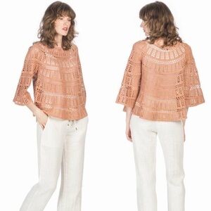 Leo & Sage Chai Peach Crochet Bell Sleeve Pullover Sweater Boho 100% Cotton Sz S
